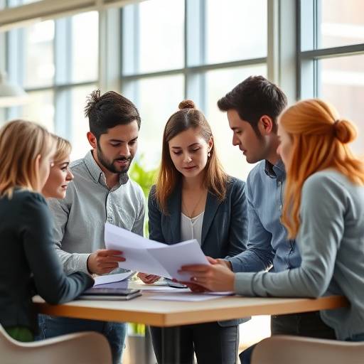 Estudiantes de inglés de negocios trabajando en un proyecto grupal